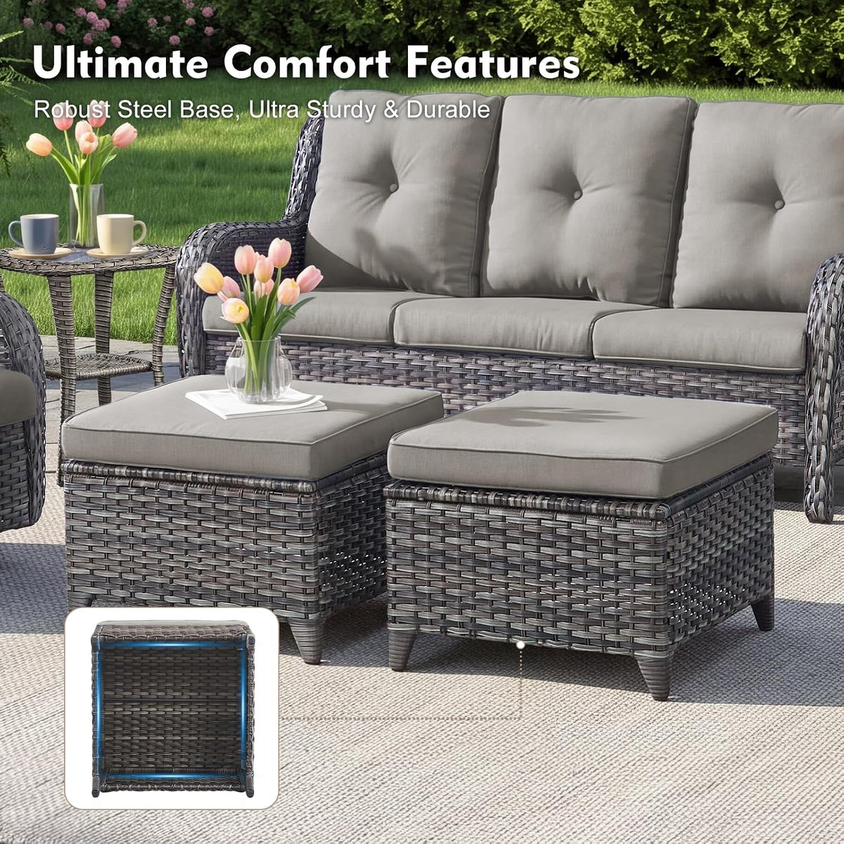 Rilyson Luxury Outdoor Wicker Patio Ottomans Set of 2, 250 lbs Capacity Rattan Large Ottomans for Patio Footrest Set 22.8in*22.8in*14in with 3.5in Thick Cushion (Mixed Grey/Grey)