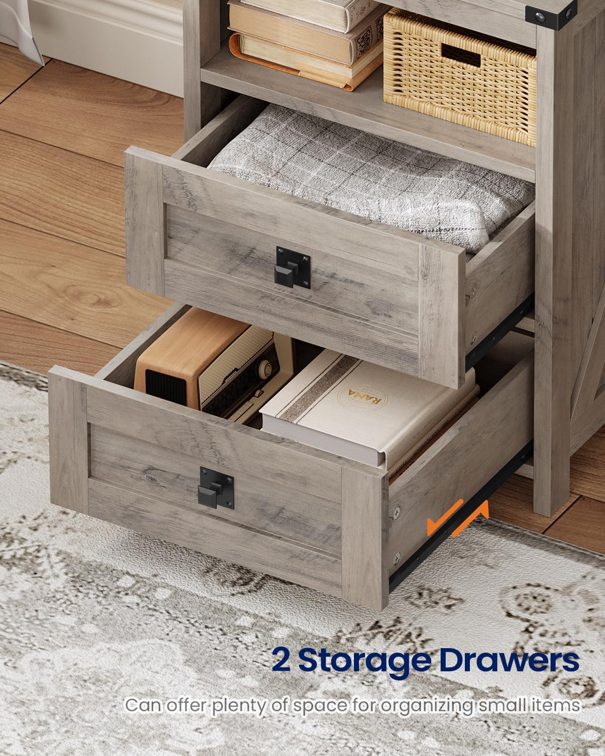 Farmhouse Tall Nightstand with Charging Station and 2 Drawers,Led Night Stand with Bookshelf,Bedside End Side Table with 6 Hooks and Storage Shelves for Bedroom,Grey