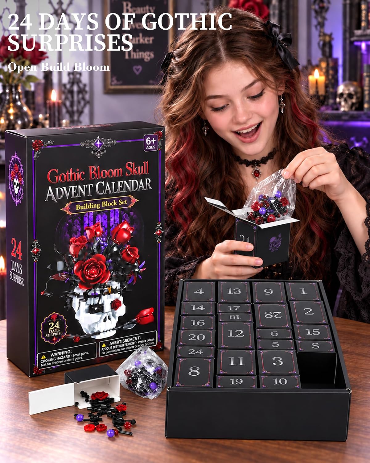 Gothic Skull FLower Advent Calendar, Dark Romantic Decor for Women Girls