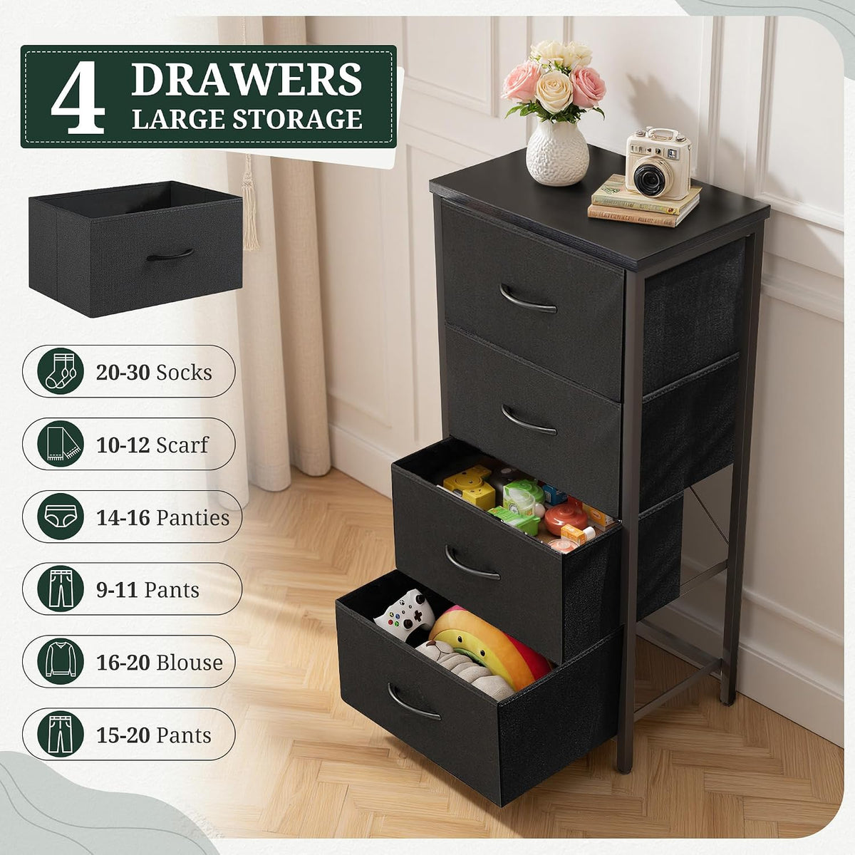 4 Drawers Dresser for Bedroom Fabric Storage Tower with Wooden Top