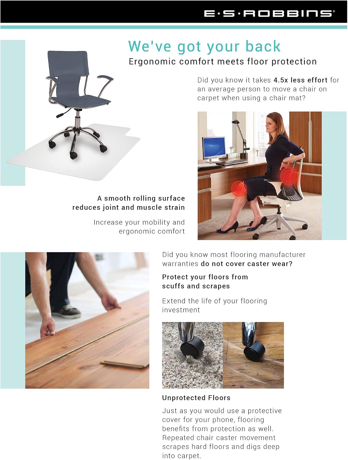 ES Robbins EverLife 45-Inch by 53-Inch Multitask Series Hard Floor with Lip Vinyl Chair Mat, Clear, Heavy use (132133)