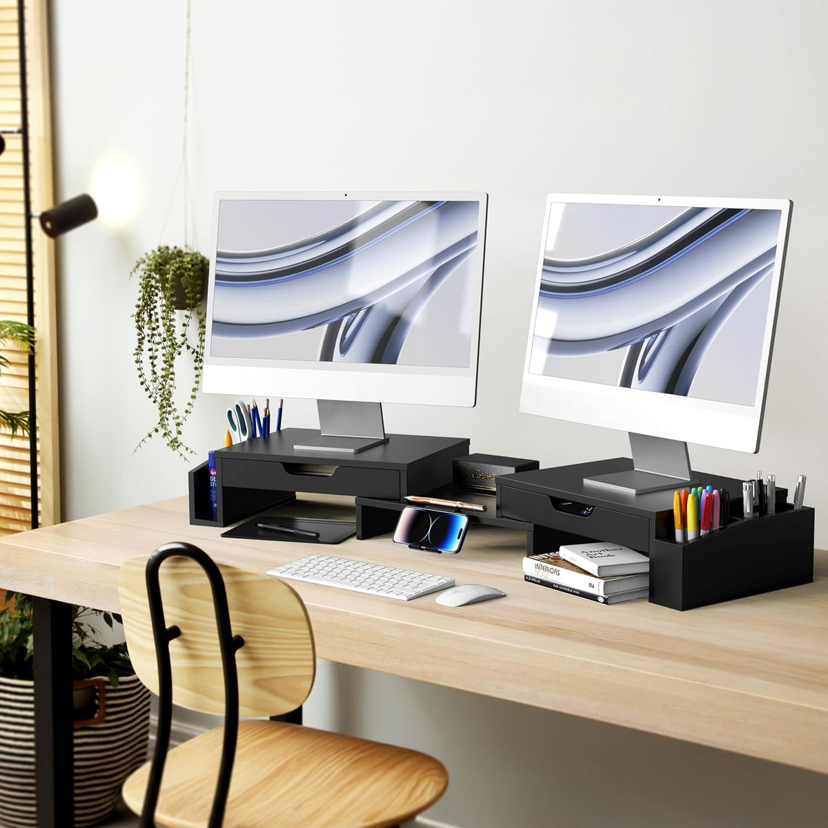 Simple Houseware Desk Dual Monitor Stand Riser with 2 Drawers, Black