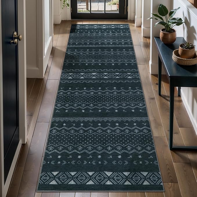 SERISSA 2x5 Kitchen Runner Rug, Washable Non-Slip Grey Boho Rug, Soft Low-Pile