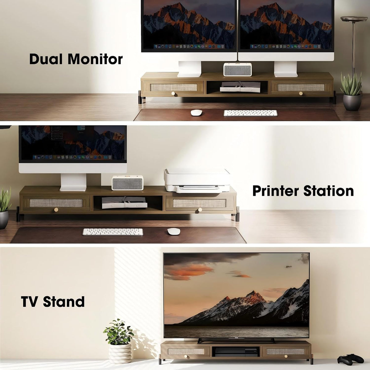 Fenge Dual Monitor Stand, Wooden Riser with Rattan Woven Flip Drawers