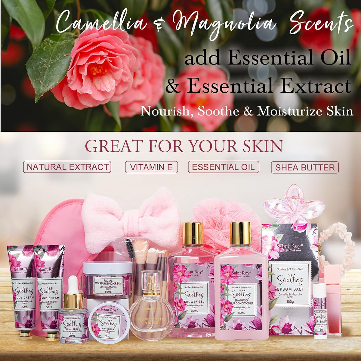 27 Pcs Spa Day Gifts Basket for Women, Camellia Magnolia Bath and Body Gift