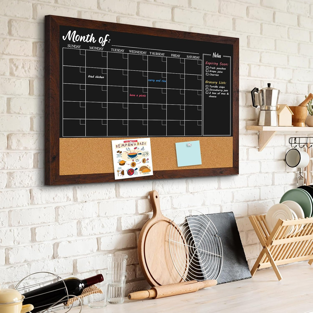 4 THOUGHT Chalkboard Calendar Corkboard Combo 36" x 24", Rustic Brown