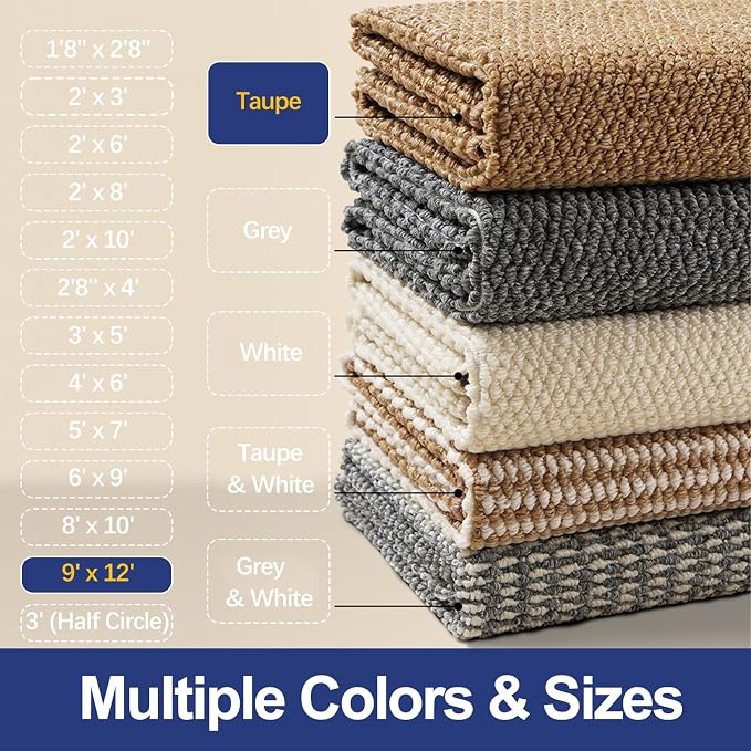 Faux Jute Area Rug 9'x12', Washable & Non-Slip, Taupe | 0.27" Low Pile Easy