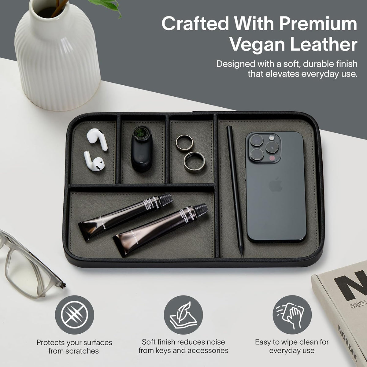 Nordik Leather Valet Tray - Large EDC Tray - Pebble Black 11.8 x 7.9 in