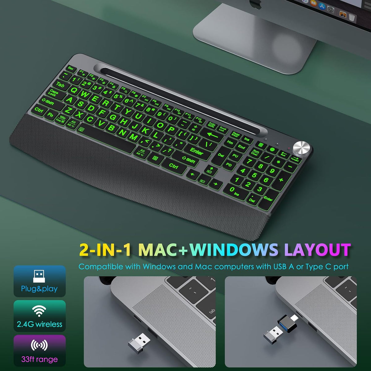 JOYACCESS Large Print Backlit Wireless Keyboard with Phone Holder，Wrist Rest and Volume Knob for Laptop, PC, Mac, Window