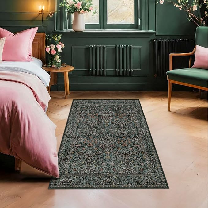 Dark Green Washable 3x6 Runner Rug