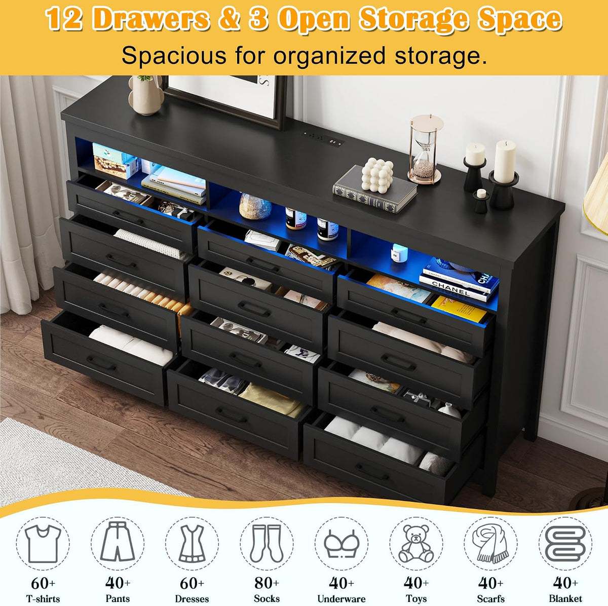 Hlivelood Farmhouse 12 Drawer Dresser with LED Lights, 71" Wide Large Chest of Drawers for Bedroom, Modern Wood Dresser Storage Organizer with Charging Station for Living Room, Bedroom, Hallway, Black