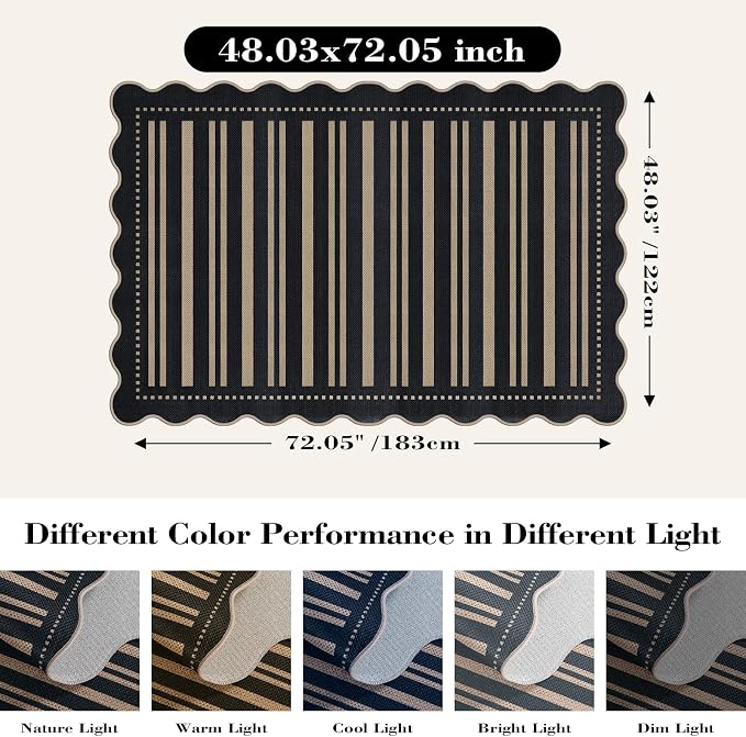 Striped Easy Jute 4x6 Outdoor Patio Rug, Washable Indoor Outdoor Black Kitchen