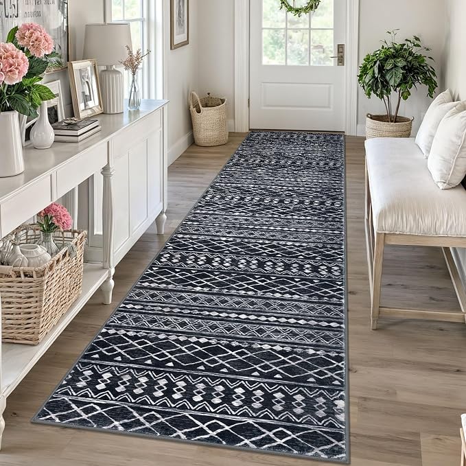 KUTA Moroccan Boho Runner Rug 2.6x10 Non-Slip Vintage Black Washable Hallway