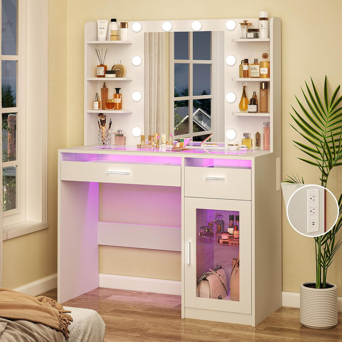 HUAHUU Vanity Desk with Mirror and Lights, Makeup Vanity Desk with Lights 3 Colors, Transparent Top Vanity with 2 RGB Drawers, 6 Shelves, Large Tempered Cabinet, Power Outlet, for Bedroom, White