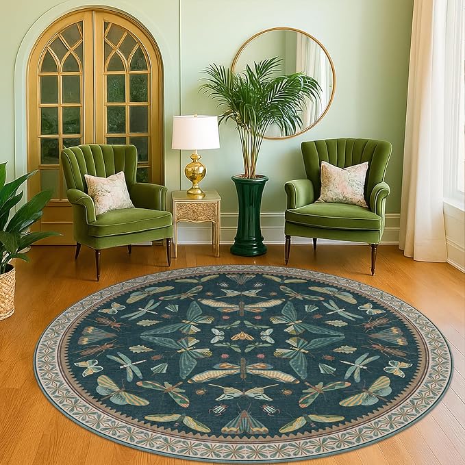 Washable Teal Round Rug 6ft, Non Slip Boho Carpet