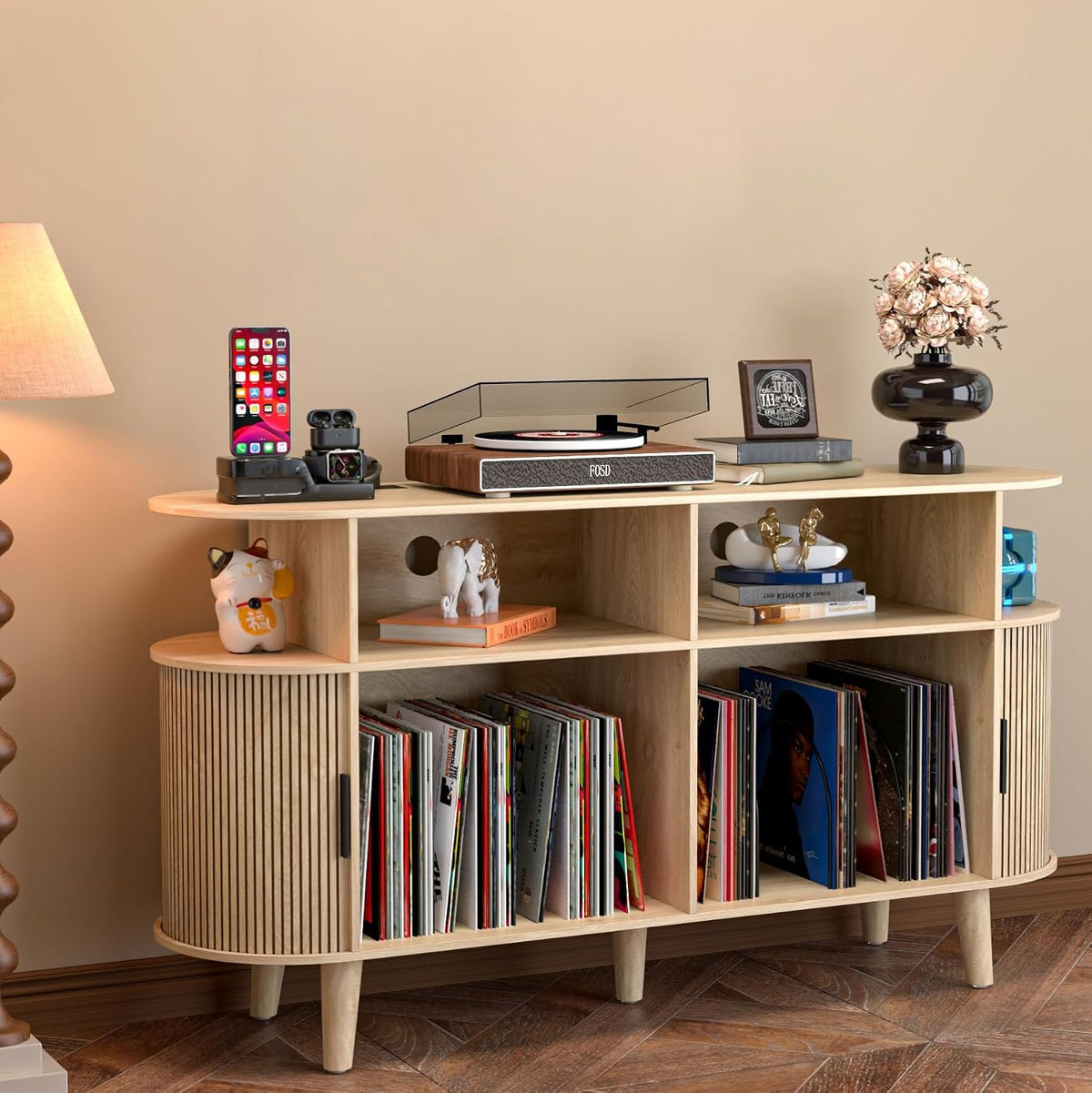 LUVIOHOME Large Round Record Player Stand with Charging Station & USB Ports