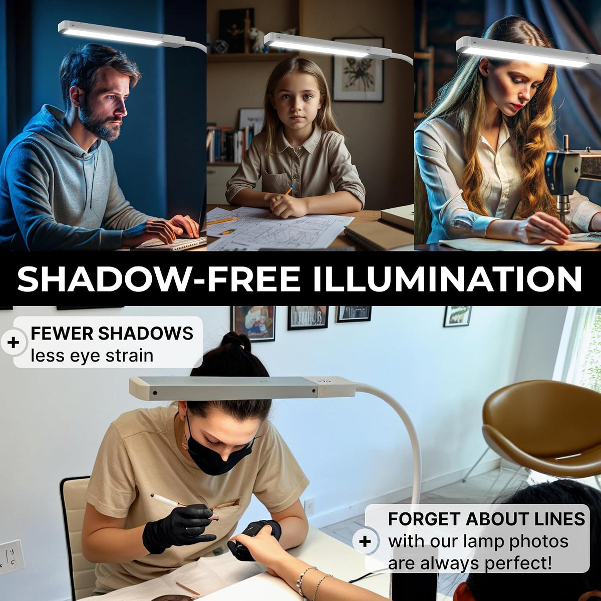 LK LISA KON LED Desk Lamps for Home Office, Eye-Caring Desk Light, Economic Nail Lamp for Desk, Dimmable Table Lamp, Reading lamp with Strong Fastening and Clamp