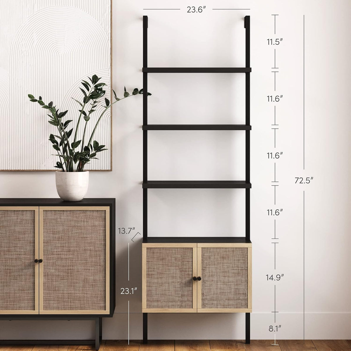 Nathan James Theo Modern Bookcase with Rattan Cabinet in Matte Black and Light Oak Finish with Matte Black Metal Frame for Living Room, Home Office Storage