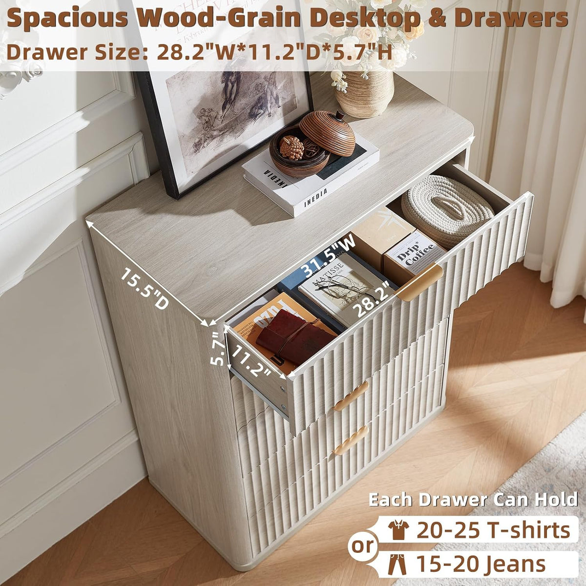 LEYAOYAO Fluted 5 Drawers Dresser Set of 2, 41" Tall Modern Chest of Drawers with Metal Handle, Curved Profile Dresser TV Stand, Wooden Drawer Organizer for Bedroom, Living Room, Hallway, Lightgrey