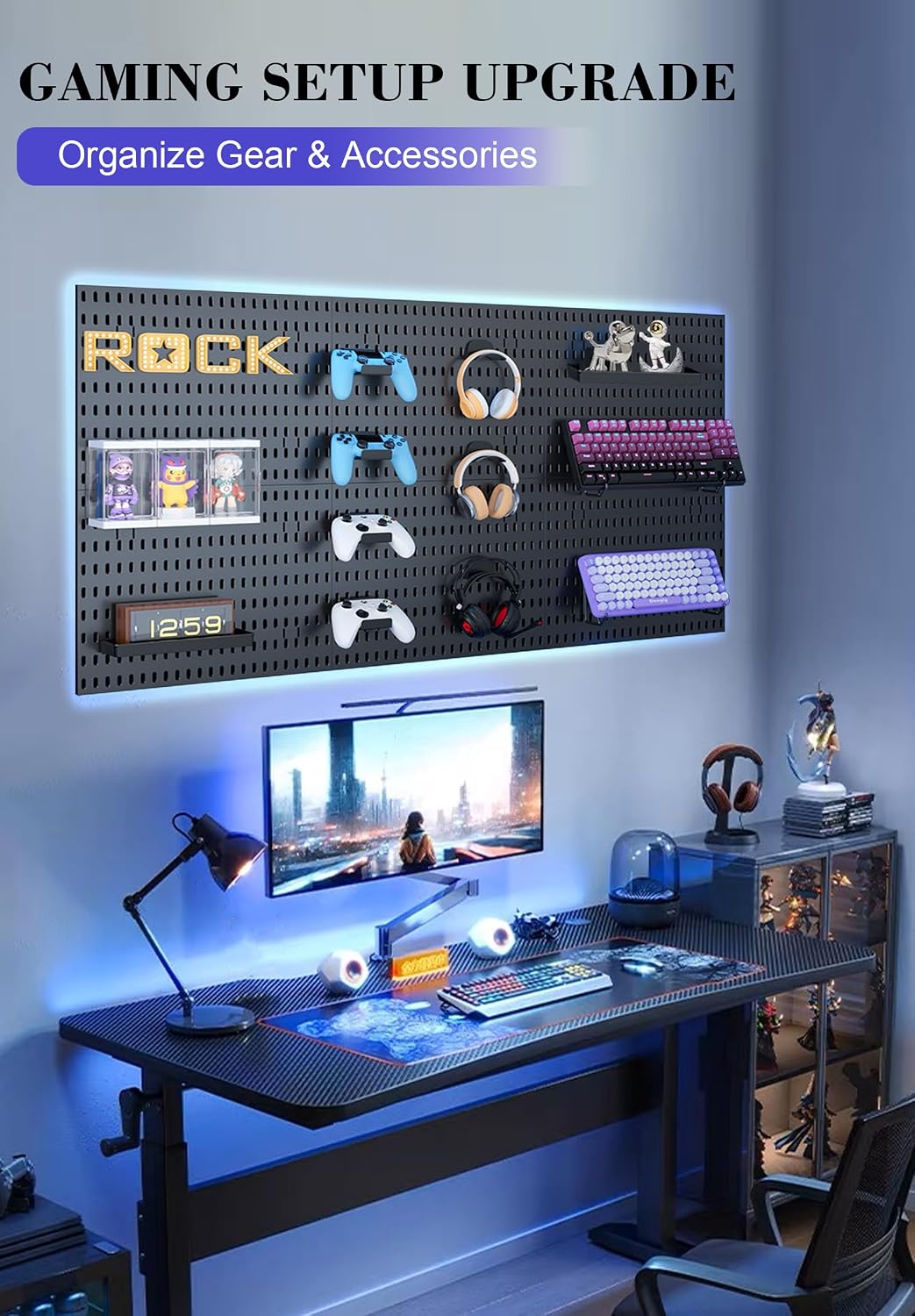 Pegboard Wall Organizer Set – 4 Peg Boards with Hooks & Shelves – Office, Kitchen, Gaming Room Desk Pegboard Storage – Peg Board Wall Display Rack (Black)
