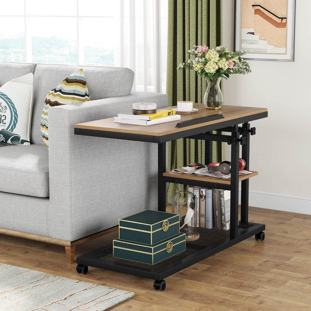 Tribesigns Height Adjustable C Table with Wheels, Mobile Couch Snack Side Table with Tiltable Drawing Board, Sofa Bedside Laptop Stand C Shaped TV Tray with Storage Shelves (Black+Oak)