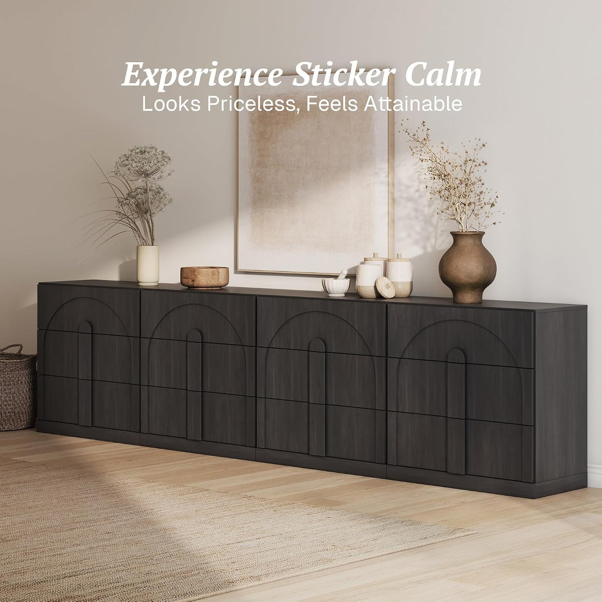 BELLEZE Sideboard Cabinet with 3 Drawers, Set of 4 Modern Wood Buffet Cabinet with Arc Design, Large Fluted Sideboard with Storage for Kitchen Living Room Entryway, Ebony