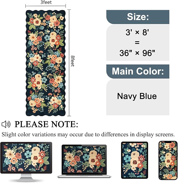 DUKINO 3x8 Washable Runner Rug, Soft Indoor Floral Non Slip Long Runner Rug