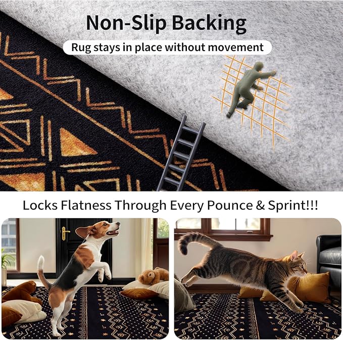 SERISSA 9x12 Area Rugs for Living Room, Washable Non-Slip Black and Gold Boho