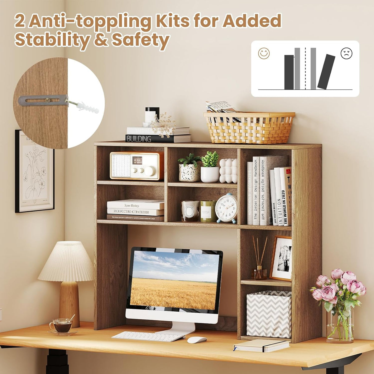 MAT EXPERT Wooden Desktop Bookshelf, Countertop Desk Hutch w/ 7 Cubes & Adjustable Shelves, Anti-toppling Kits, Table Top Organizer Shelf Fits Monitors up to 27” for Dorm, Office, Study (Natural)
