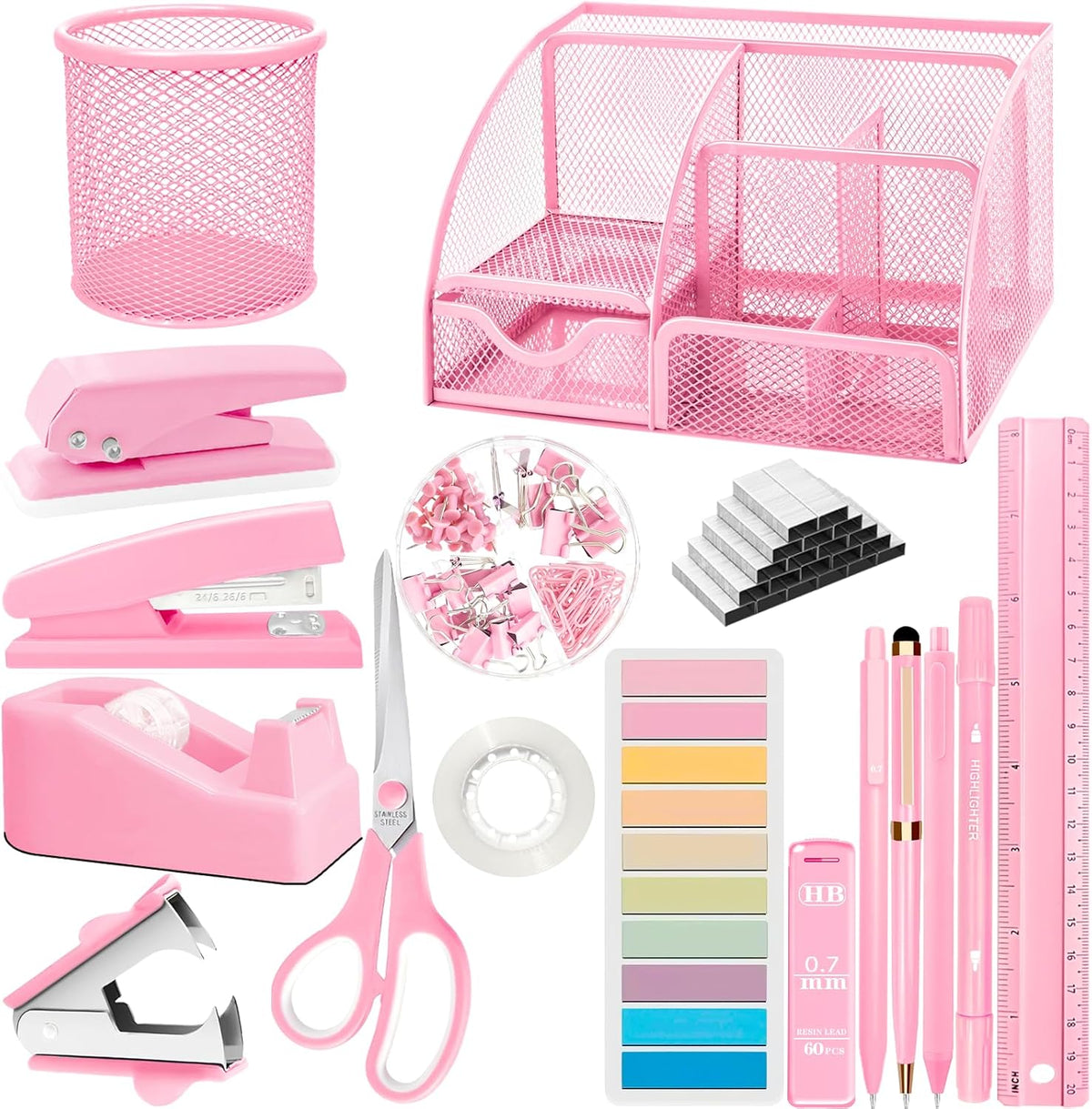 Pink Office Supplies, 17Pcs Pink Desk Accessories Set Include Stapler, Mesh Desk Organizer, Tape Dispenser, Staple Remover, Pen Holder, Clips, Pens, Ruler, for Office Home School Women Students Gift