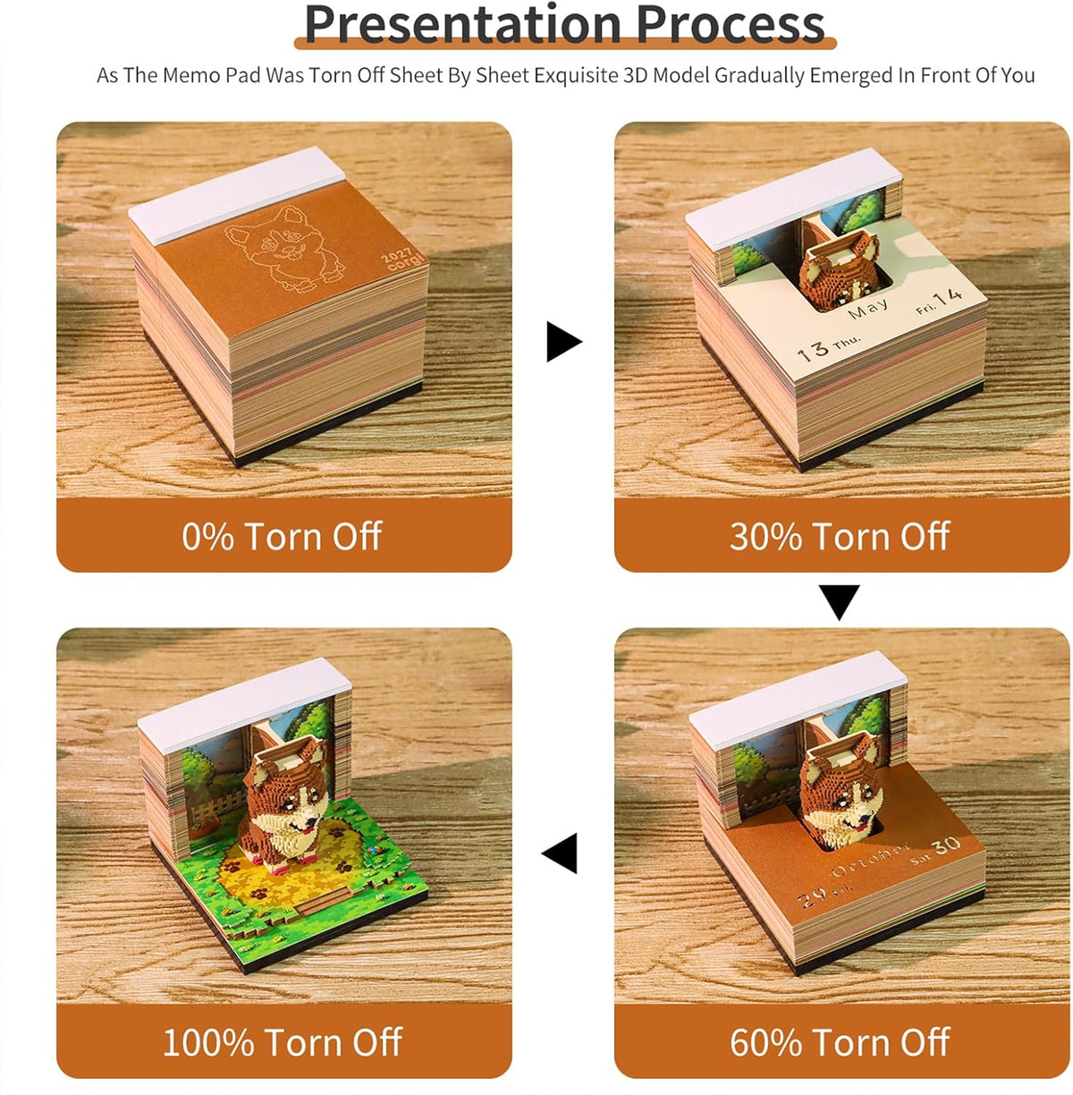 3D Calendar 2027, Desk Time Piece Calendar 2027,Tear-Away 3D Paper Art Notepad w LED Lights,Creative 3D Memo Artsy Pad Calendars, DIY Paper Carving Gift (Corgi)