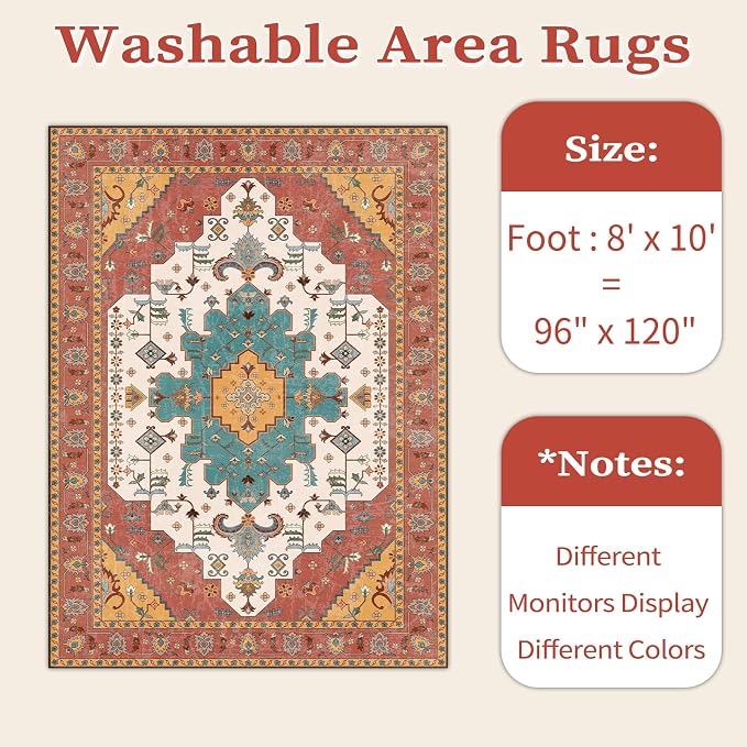 SERISSA Boho 8x10 Area Rugs Orange, Washable Vintage Large Living Room Rug