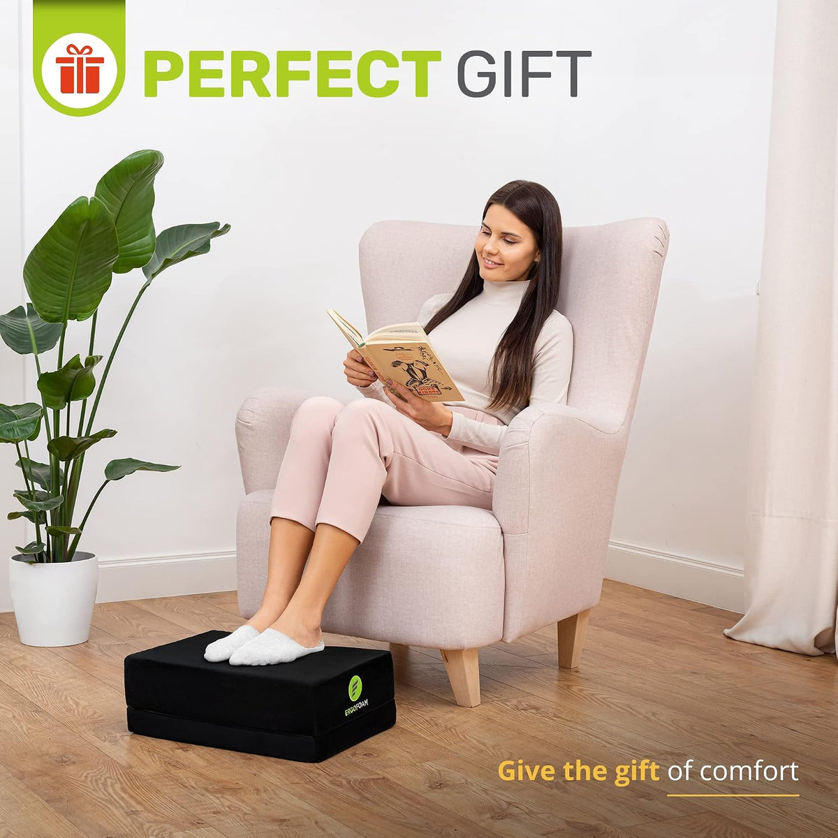 ErgoFoam Flat-Top Adjustable Foot Rest - High-Density Compression-Resistant Foam, Non-Slip, Black, Modern, Office