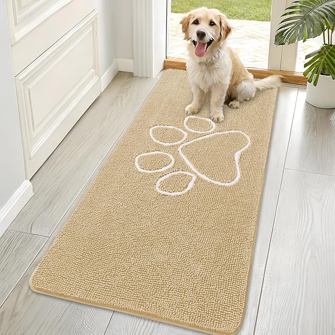 OLANLY Dog Door Mat for Muddy Paws 70x35, Paw Print Design, Absorbs Moisture