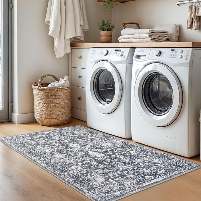 KILOCOCO Area Rug 3x5 Entryway Rug Washable Printed Vintage Floral Rubber