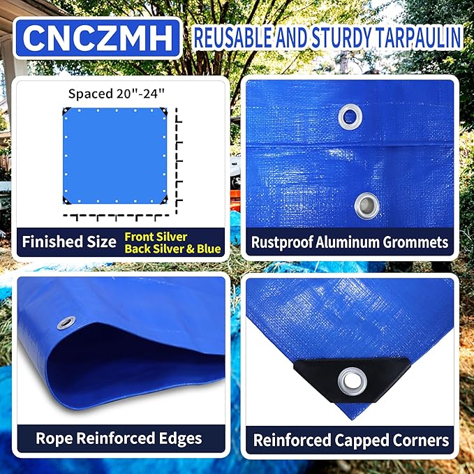 Tarp Heavy Duty Waterproof 18x24 Feet, 10 Mil Thick Blue Poly Tarps Outdoor, Metal Grommets, Reinforced Edges, Multipurpose Tarpaulin Protective Cover for Camping, Boat, Swimming Pools, Car