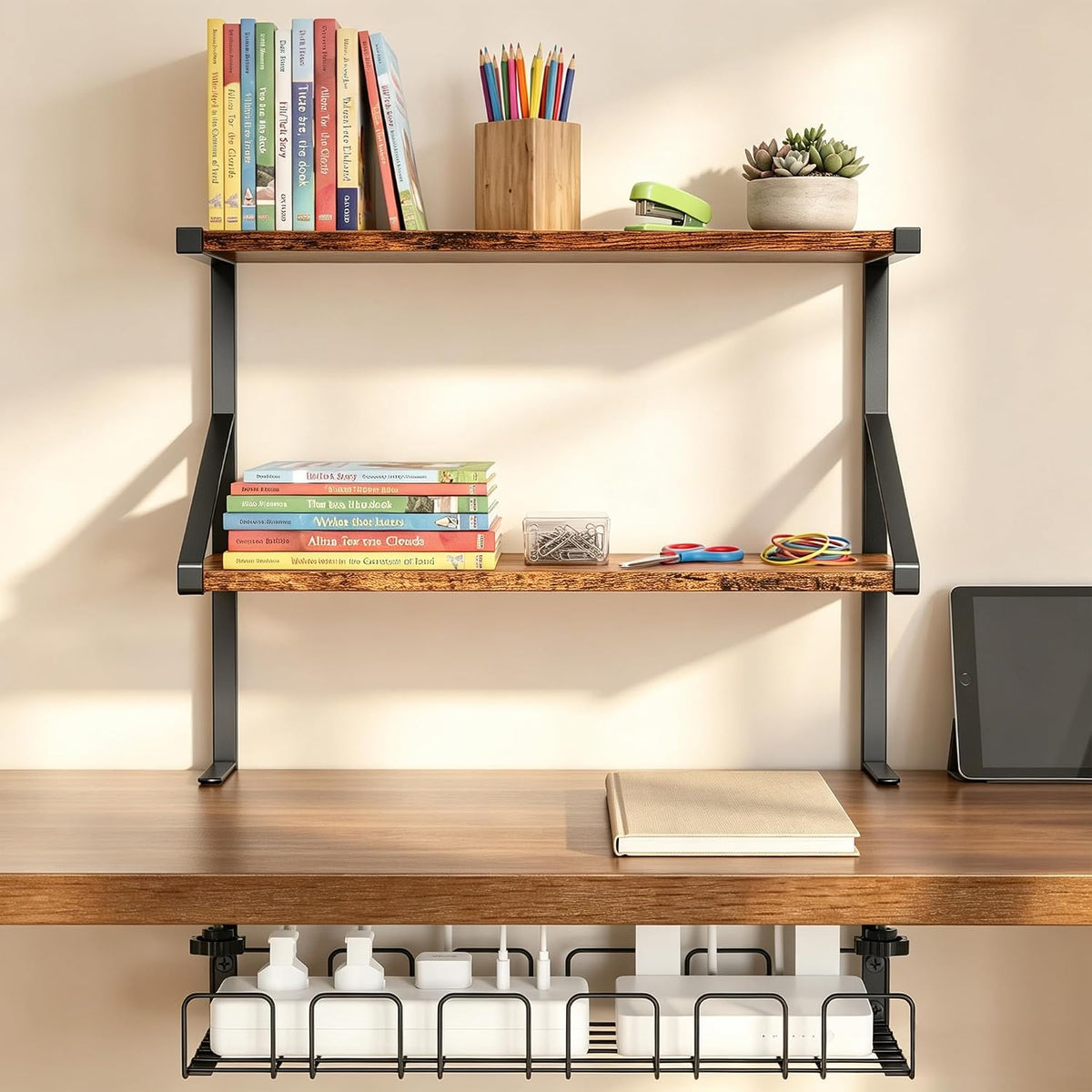 Clamp on Desk Shelf, 19in 3-Tier Desk Shelves Organizer with Under-Desk Hidden Storage Basket, Desktop Supplies Storage Rack for Home Workspace, Study Rooms,Gaming Devices