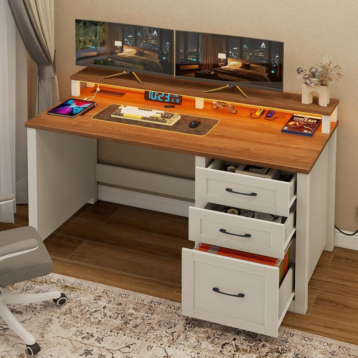 Vabches 47" Farmhouse Executive Desk with 3 Drawers,LED Lights,Unique White