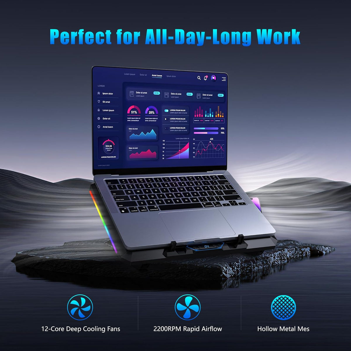 Laptop Cooling Pad with 12 Quiet Fans, Slim Portable for 12-17.3 Inch Laptop Cooler Stand, RGB Lighting, with 5 Height Adjustable, Gaming Cooling Fan Pad,Two USB Ports, Phone Holder (LCD)