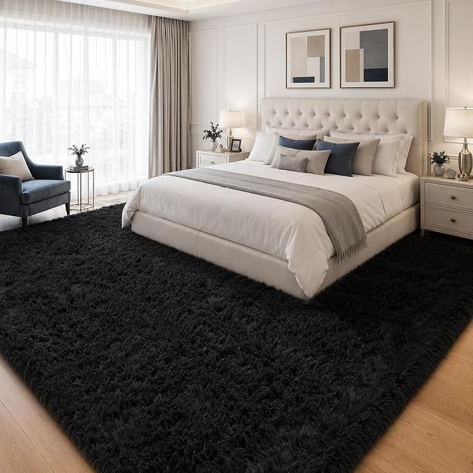 8x10 Area Rugs for Living Room Bedroom: Soft Fluffy Black Shag Upgrade Non-Slip