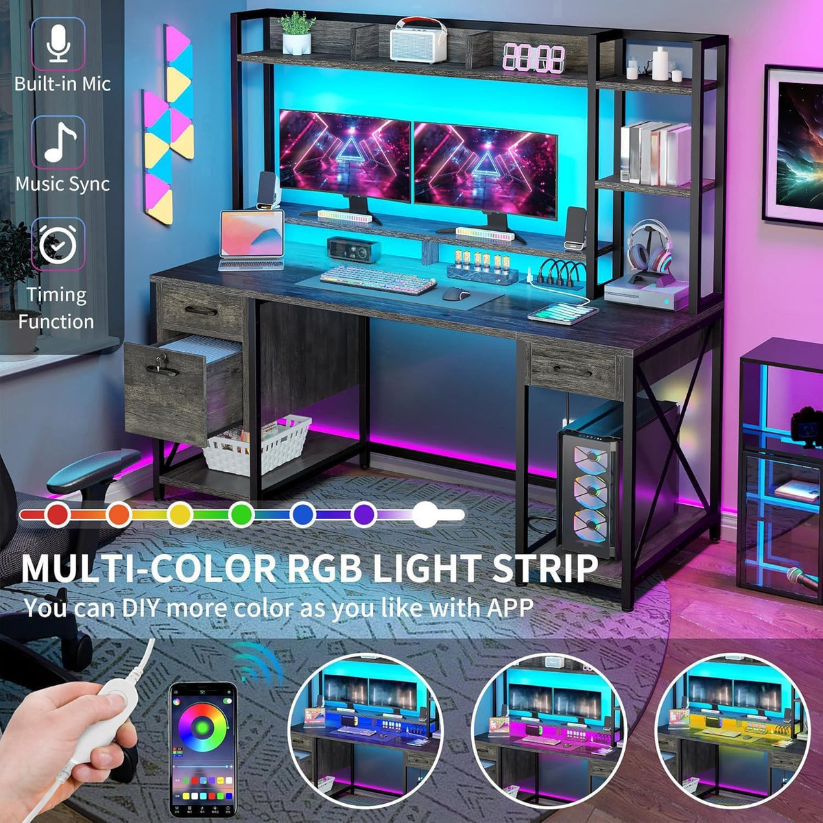 YITAHOME Grey Gaming & Office Desk, 59.1" Top, Hutch, 3 Drawers, LED