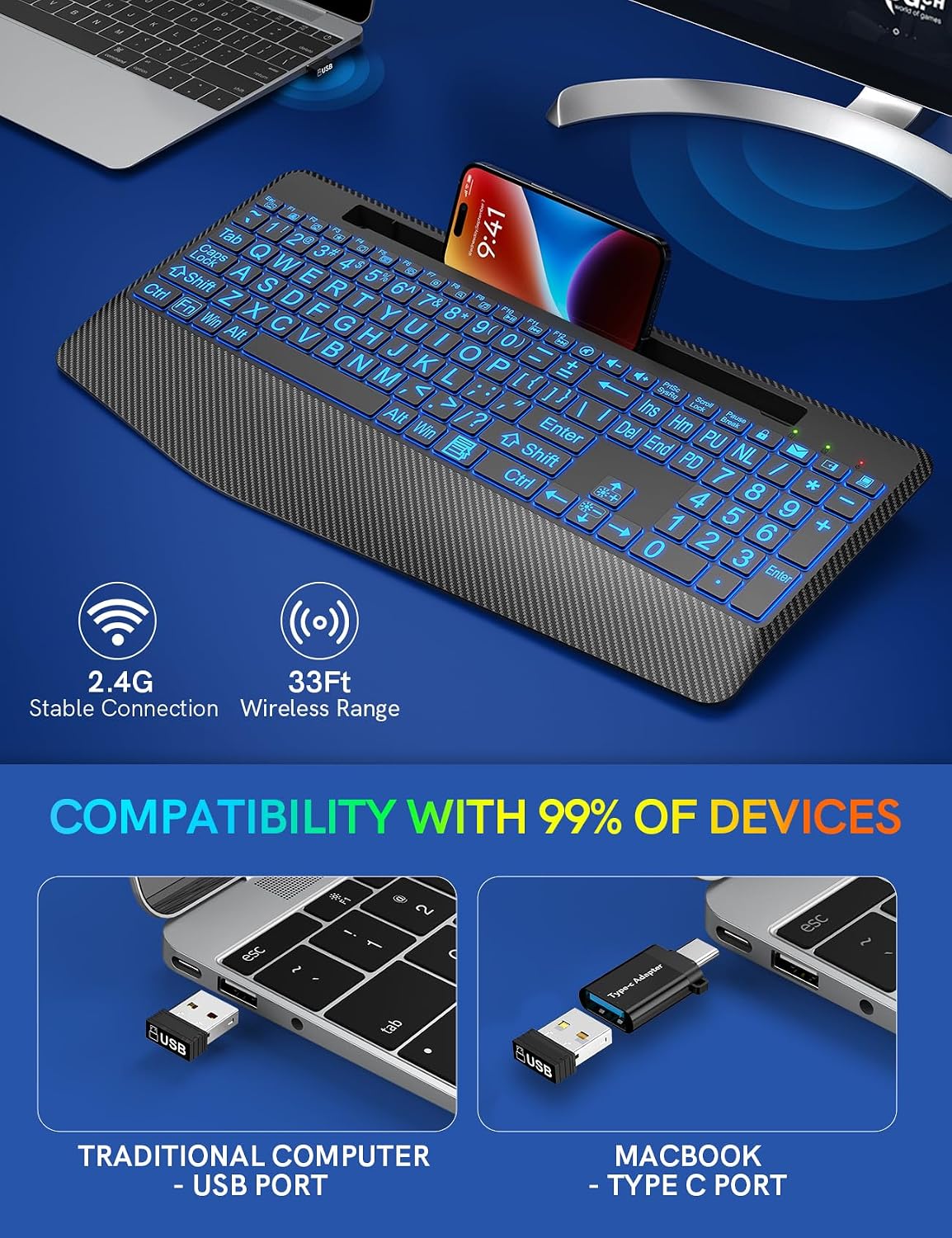 Wireless Keyboard, 7 Colored Backlits, Wrist Rest, Phone Holder-Large Print