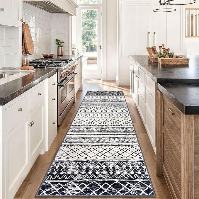 KUTA Moroccan Kitchen Rugs 3x8, Non-Slip Vintage Black Navy Blue Boho Hallway