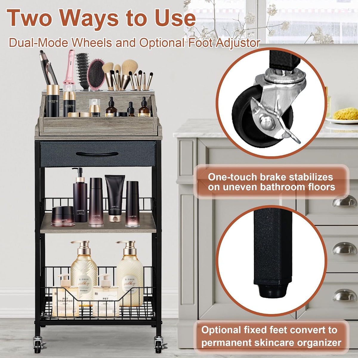 Large Makeup Cart Organizer with Hair Tool Holder, Black and Gray