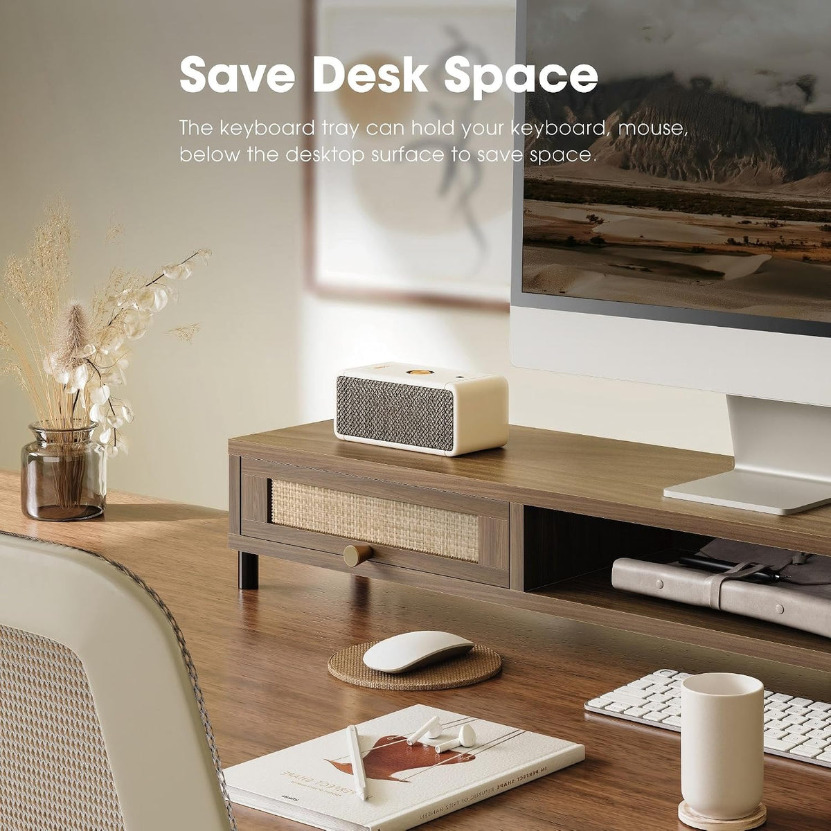 Fenge Dual Monitor Stand, Wooden Riser with Rattan Woven Flip Drawers