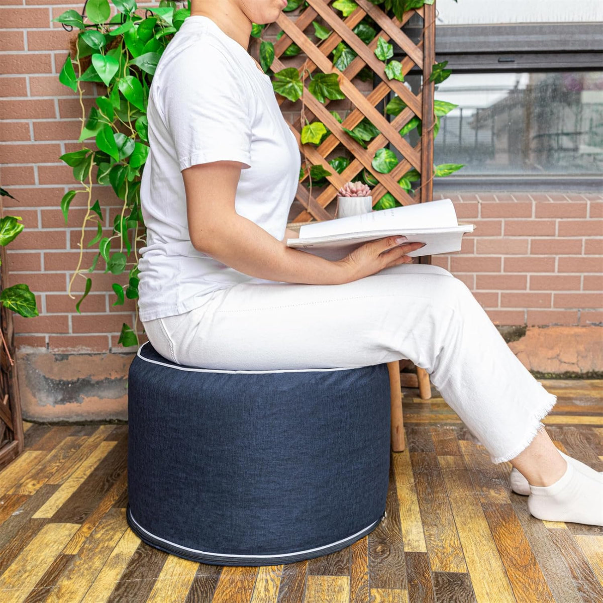 Outdoor Ottoman for Patio, Navy, Outdoor Pouf Footstool,20x12In
