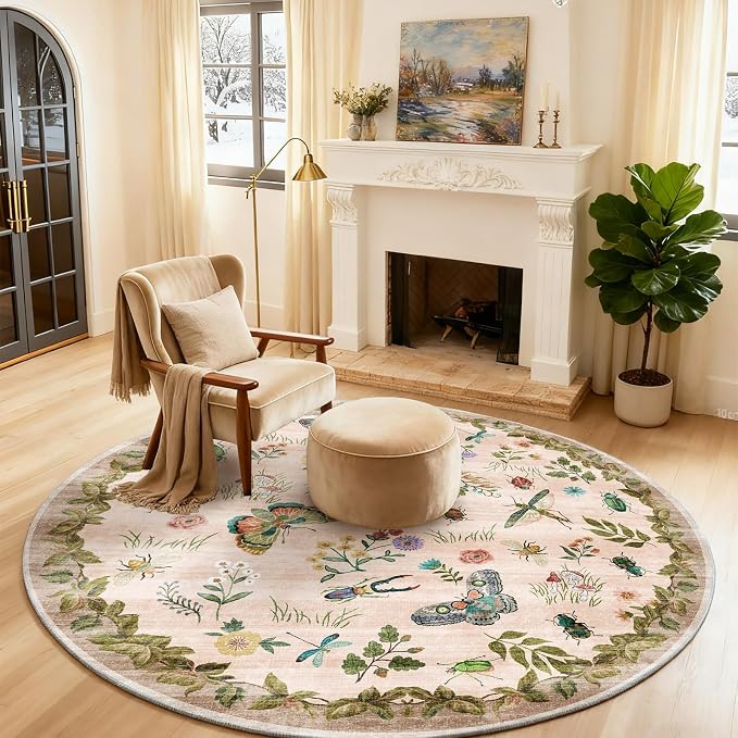 Washable Round Rugs for Bedroom 4ft: Living Room Rug Stain Resistant Non Slip