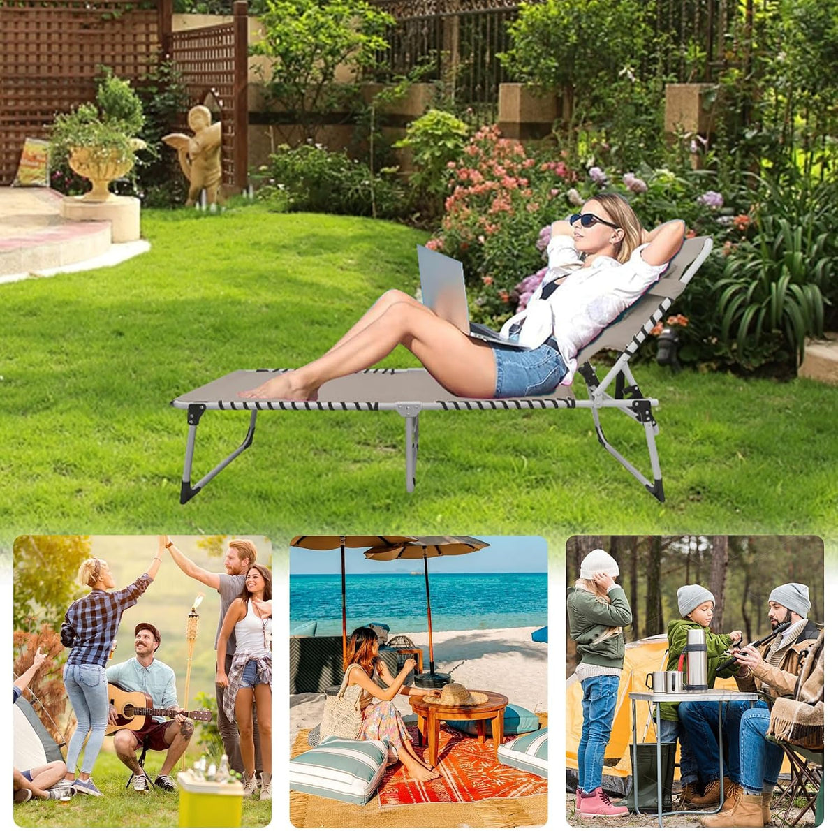 Sun Tanning Chair with Face Hole 5-Position Folding Lounge Chair Outdoor with Portable Beach Table for Poolside Sunbathing Camping Lawn Backyard