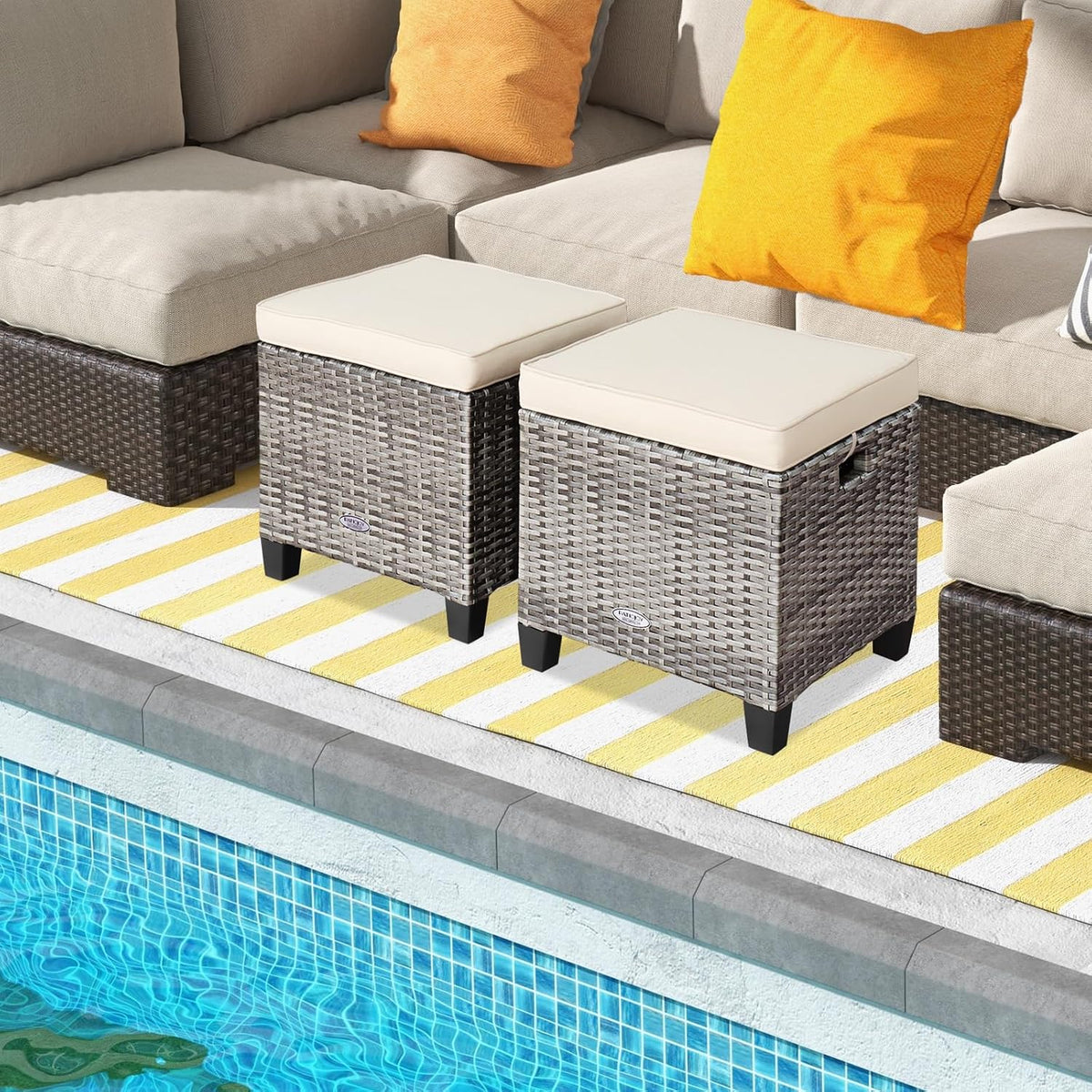 ORALNER Set of 2 Outdoor Ottoman, 16” Wicker Foot Stools, All-Weather Rattan Cube Footstool w/Removable Cushions, Square Footrest Extra Seating for Patio, Porch, Deck, Easy Assembly (Beige)