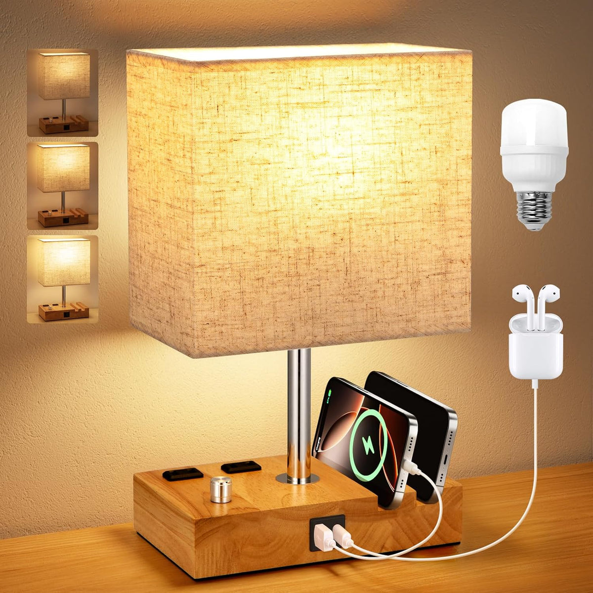 Wood Grain Table Lamp for Bedroom, Stepless Dimmable, USB C+A, 2 AC Outlets